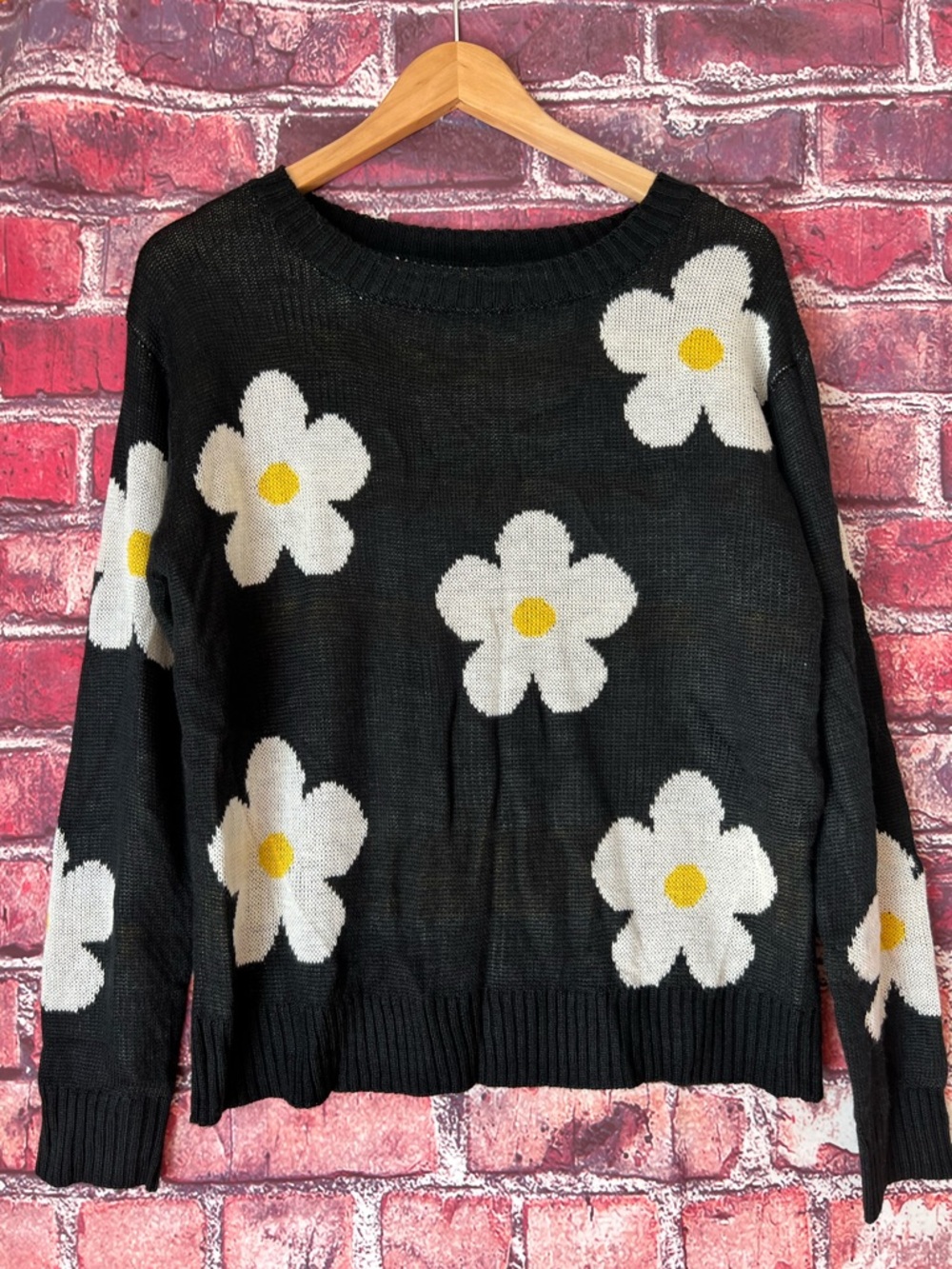 Cotton Candy LA Black Daisy Intarsia Knit Crewneck Sweater